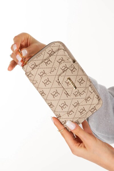 Eliza Kadın Deri Desenli Telefon Kağıt Para Bölmeli Kartlık Ve Cüzdan - Bej