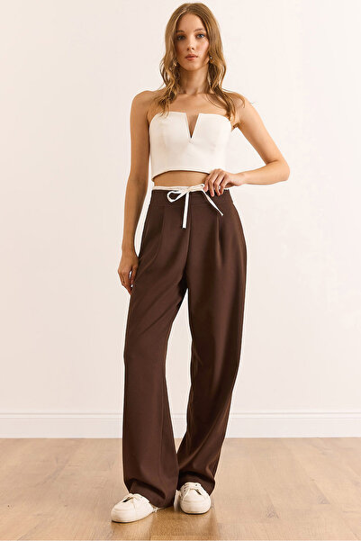 Olalook Kadın Kahverengi Boxer Detaylı İpli Cepli Palazzo Pantolon PNT-19000315