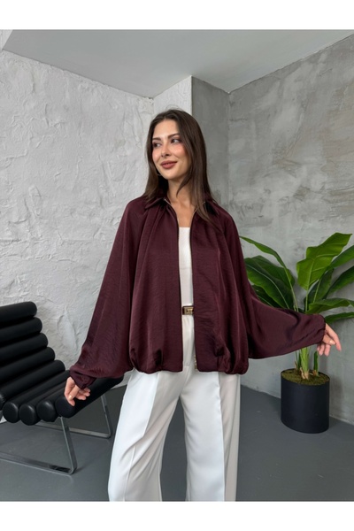 Elif Özbey Butik Plum Front Zipper Bomber Satin Jacket