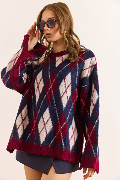 Olalook Kadın Bordo Baklava Desen Oversize Yumuşak Dokulu Triko Kazak KZK-19000996