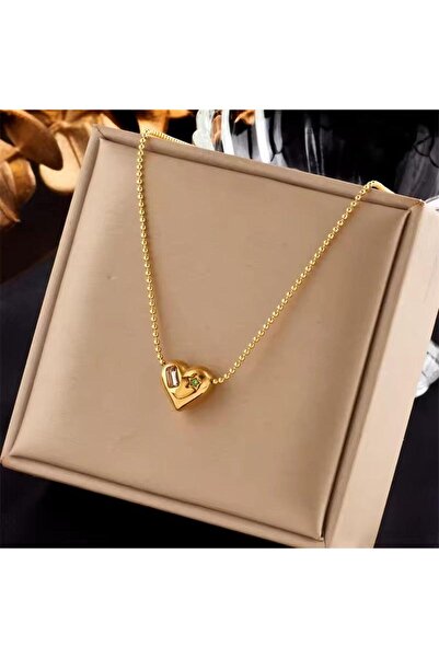 Pursehuit Colier auriu, oțel inoxidabil, cu pandantiv inimă, cu pietre, sufla...