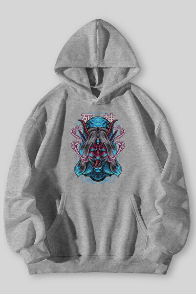 Harmandar Hanorac cu glugă unisex cu buzunar cangur, negru, gri, imprimat Shinigami Japan