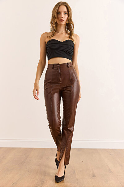 Olalook Women's Brown Stitching Detailed Leg Slit Embellished Faux Leather Trousers Pnt-19000368
