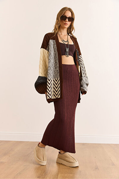 Olalook Жіноча коричнева спідниця з розрізом з еластичного віскозного трикотажу ETK-19000356