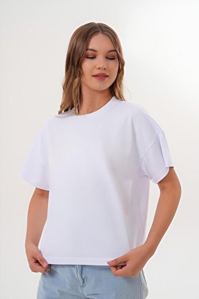 Basics&More Tricou alb din bumbac cu model simplu basic pentru femei