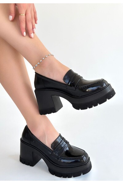 pabucmarketi Black Patent Leather Women's Heeled Shoes