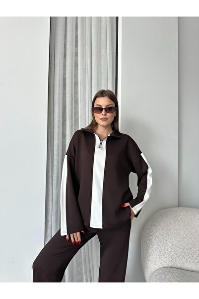 FERZOLAİO Brown-White Striped Tracksuit Set