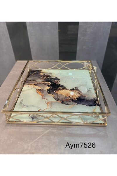 ZETT Ebruli Model Gold Detailed Square Tray Presentation Tray Stylish Decorative Tray