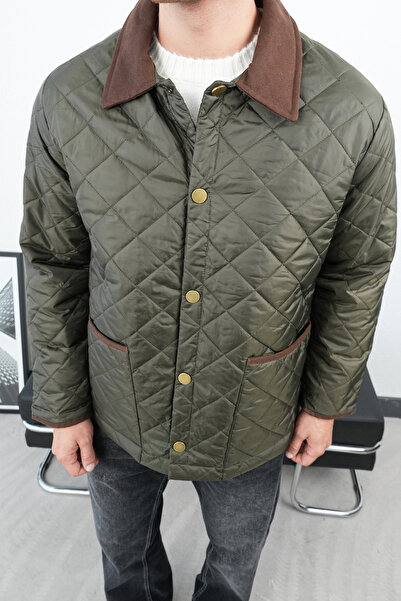 İLKCET MODA Ανδρικό μπουφάν χακί με λεπτομέρεια με λαιμόκοψη με σχέδιο μπακλαβά