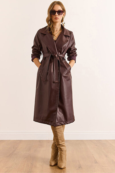 Olalook Women's Burgundy Belted Pocketed Lined Leather Trench Coat Trc-00000009