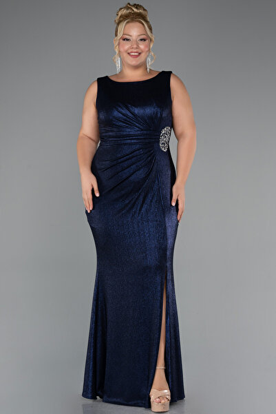 Abiyefon Lacivert Kolsuz Yırtmaçlı Uzun Simli Büyük Beden Abiye ABU5231