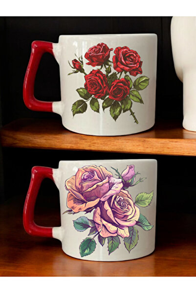 lili hediyelik طقم من كوبين للقهوة مطبوع عليه صورة وردة - أكواب سيراميك للشاي...
