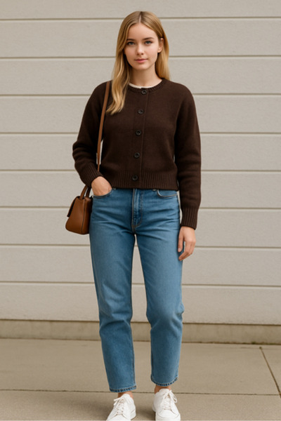 RTD&VLD Kadın Bisiklet Yaka Yumuşak Dokulu Rahat Triko Hırka Kahverengi