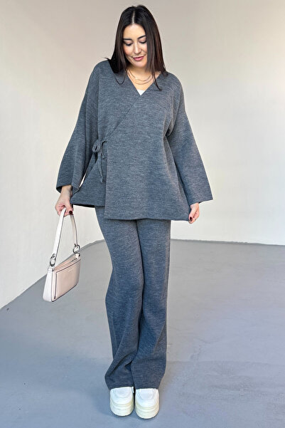 Cappmoda Tkm-7206 Smoked Steel Knitted Oversize Cardigan & High Waist Pants Two-Piece Knitwear Set