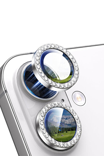 Evax (Taşlı) iPhone 17 Uyumlu Beyaz Taşlı Çerçeveli Kamera Lens Koruyucu