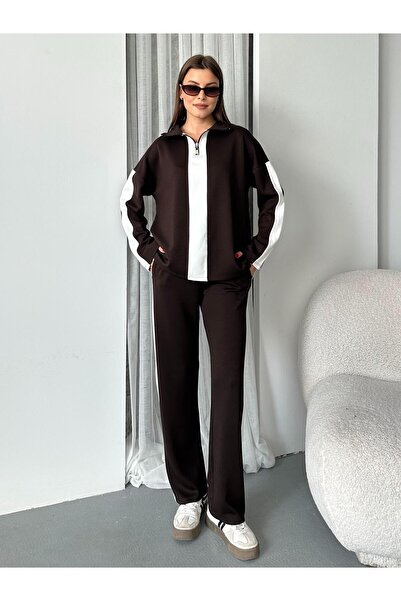 FERZOLAİO Brown-White Striped Tracksuit Set