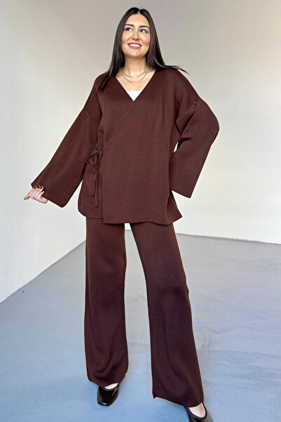 Cappmoda Tkm-7206 Brown Steel Knitted Oversize Cardigan & High Waist Pants Two-Piece Knitwear Set