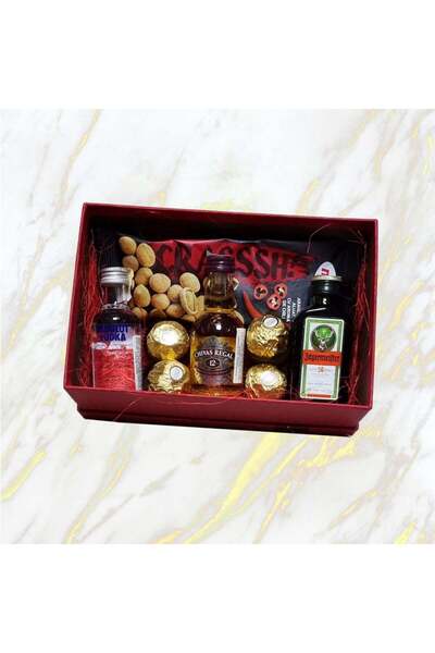 velve Χαρούμενη συσκευασία δώρου, κομψό κόκκινο κουτί με επιλογή από μικροσκοπικά αλκοολούχα ποτά, πραλίνες. Κόκκινο