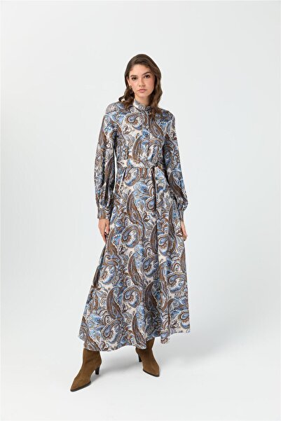 Esswaap Şal Desenli Elbise Bej