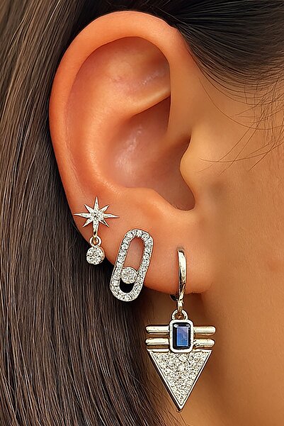 TAKIŞTIR طقم أقراط YSX مكون من 3 قطع بتفاصيل حجر فضي اللون