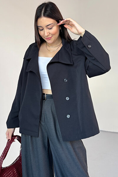 Cappmoda Ckt-12466 Black Stand Collar Hidden Button Pocket Lined Short Trench Coat