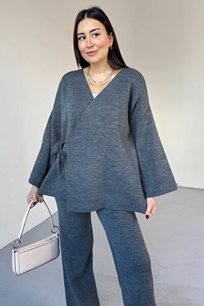 Cappmoda Tkm-7206 Smoked Steel Knitted Oversize Cardigan & High Waist Pants Two-Piece Knitwear Set