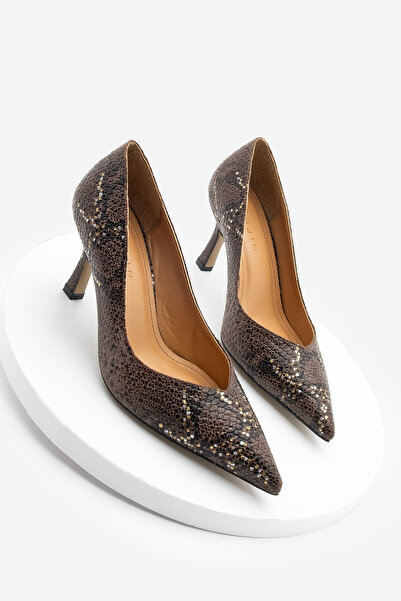 Marjin Women's Stiletto Pointed Toe Snake Pattern Heeled Shoes Tosey Brown Snake
