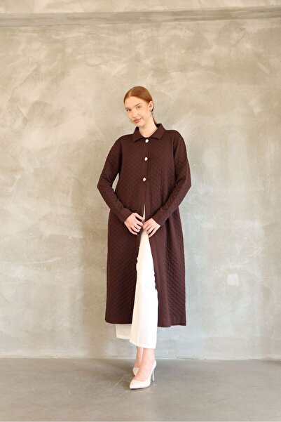 QUAWEAR Shirt Collar Metal Buttoned Steel Knitted Stretch Mercerized Fabric Full Length Cardigan