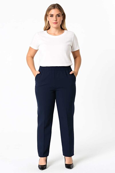 Şans Women's Plus Size Navy Blue, Waist Complete Elastic Pocket Fabric Pants 65N38733