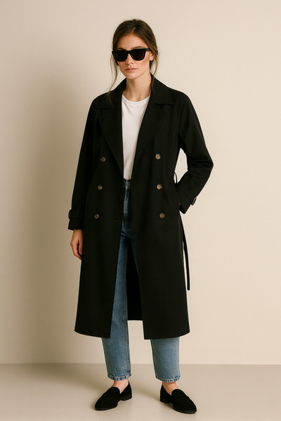 AMİDA Women's Black Belted Trench Coat - 2529