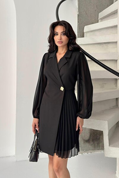 Serica Moda Μαύρο φόρεμα με διπλό στήθος με λεπτομέρεια πλισέ