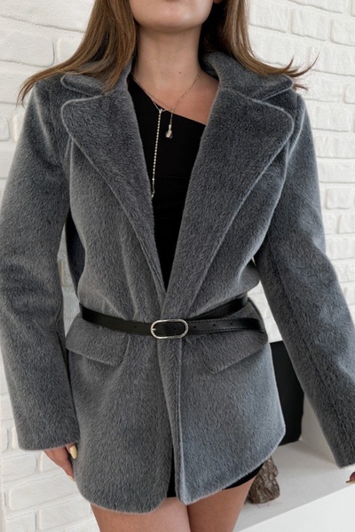 Ded COLLECTION Women's Black Belt Detailed Flap Pocket Classic Collar Soft Textured Stylish Fox Jacket