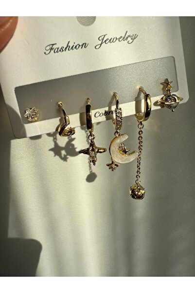 LUSORA ACCESORY Women's Gold Color Asymmetrical Figured 6-Piece Earring Set