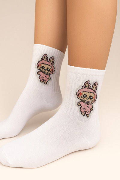shefox 6 Pairs of Women's Labubu Embroidered Cotton Lycra College Socks
