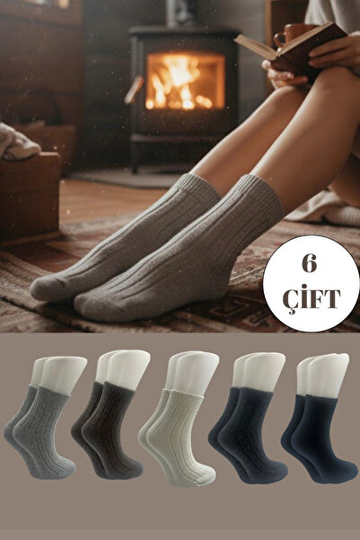 BENİSA ÇORAP Дамски зимни многоцветни чорапи с половин крачол от агнешка вълна, 6 чифта