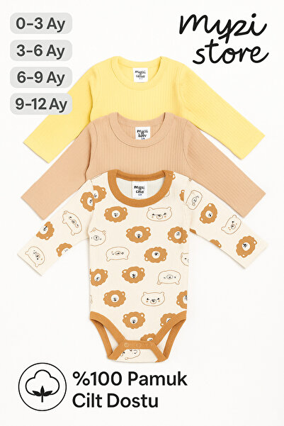 MYZİ STORE Yenidoğan Bebek Uzun Kollu Çıtçıtlı Body 3'lü %100 Pamuk Badi Zıbın