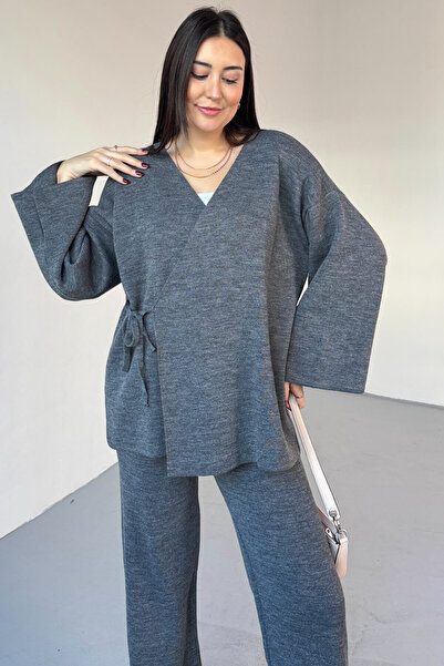 Cappmoda Tkm-7206 Smoked Steel Knitted Oversize Cardigan & High Waist Pants Two-Piece Knitwear Set