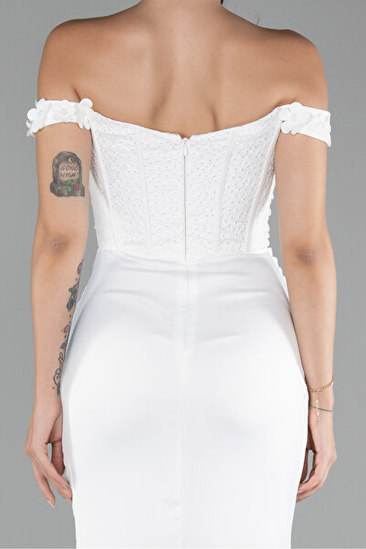 Abiyefon Ekru Çiçekli Kayık Yaka Yırtmaçlı Uzun Saten Abiye ABU4264