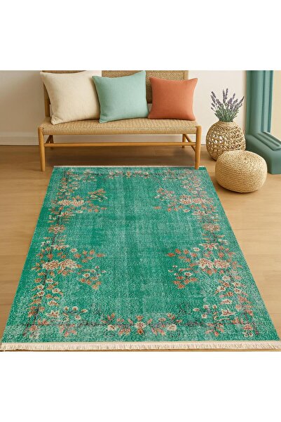Markaev Yosun Yeşili Çiçekli Vintage Dokuma Taban Halı 365 YNG