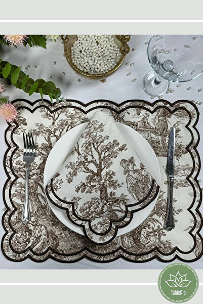 Table Alp Toile de Jouy Kahverengi Nakışlı Amerikan Servis Takımı |12 Parça | Lüks Yemek Masası Takımı