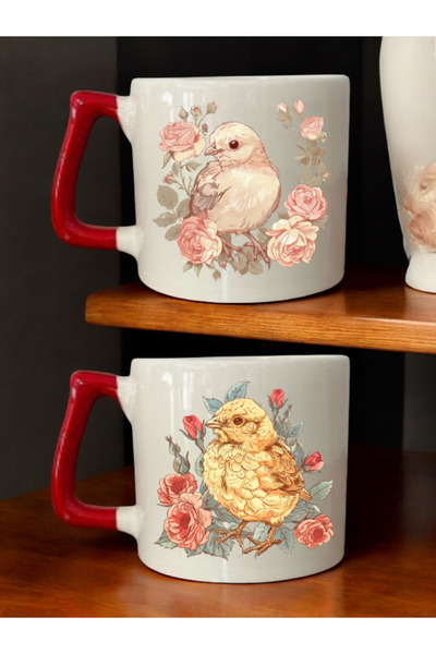 lili hediyelik طقم من كوبين للقهوة مطبوع عليه صورة كتكوت وردي - أكواب سيراميك...