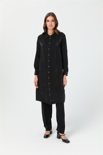 Esswaap Kendinden Desenli Şık Tunik Siyah