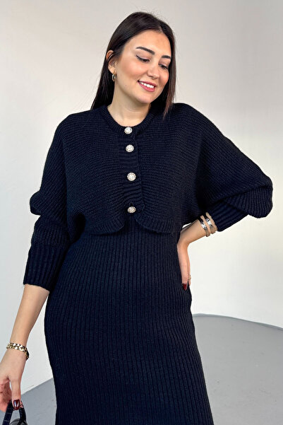 Cappmoda Tkm-9049 Black Soft Textured Buttoned Cardigan & Dress Two-Piece Knitwear Set