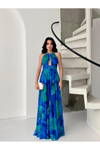 Serica Moda Βραδινό φόρεμα σιφόν με μπλε σχέδιο με λαιμόκοψη