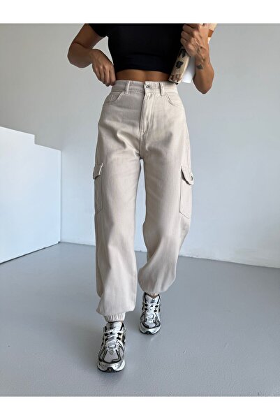 SHEVEGA Beige Black Cargo Pocket Elastic Waist Linen Pants