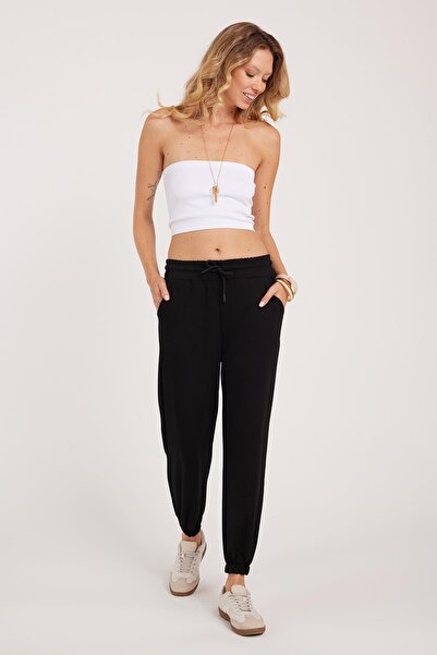 Tudors Women's Relax Fit Comfortable Cut Modal Fabric Tie Waist Elastic Jogger Black Pants