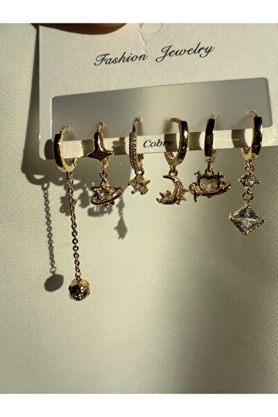 LUSORA ACCESORY Women's Gold Color Asymmetrical Figured 6-Piece Star-Moon Earring Set