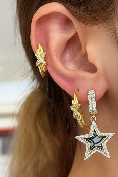 TAKIŞTIR Gold Color Star Detailed Stone Detailed Vip 3-Piece Ysx Earring Set