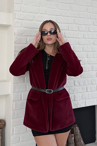Ded COLLECTION Women's Black Belt Detailed Flap Pocket Classic Collar Soft Textured Stylish Fox Jacket
