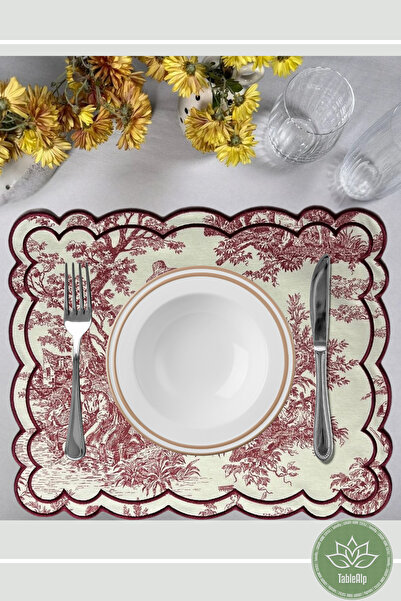 Table Alp Toile de Jouy Bordo Nakışlı Amerikan Servis peçete | 12 Parça | Dikdörtgen |Lüks Yemek Masası Takımı